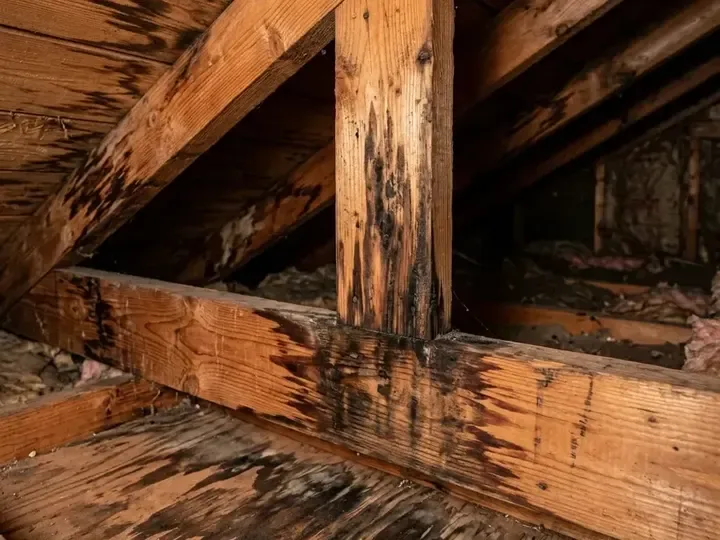 Rafters and roof decking in an attic stained by a roof leak